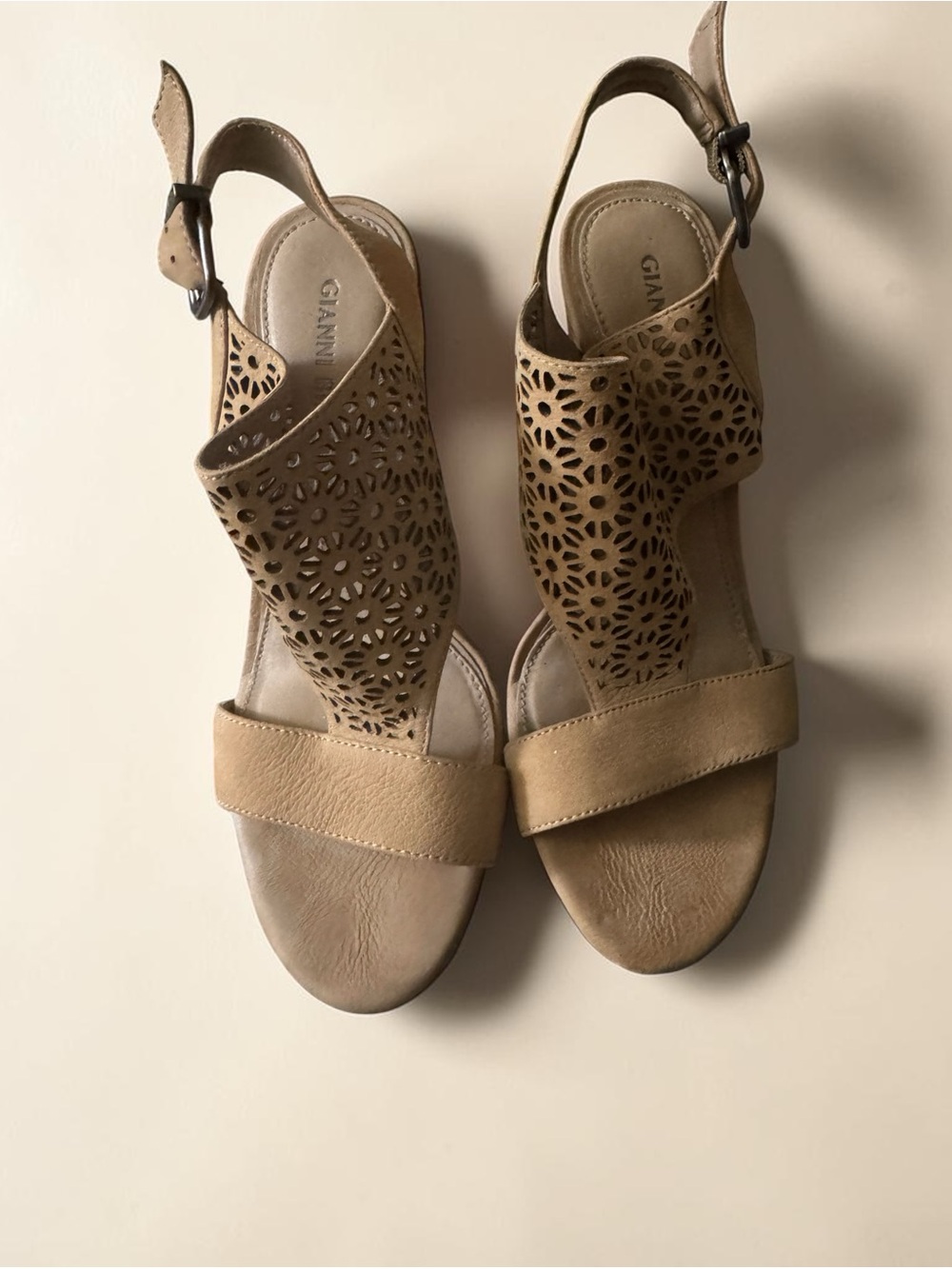 Gianni Bini Beige Laser-Cut Leather Slingback Sandals
